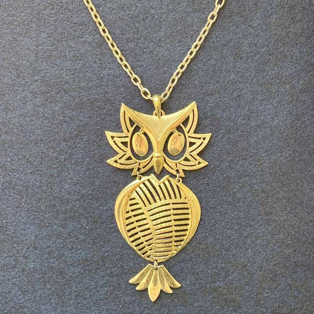 Large Vintage Golden Owl Pendant, Reticulated on Long Golden Chain, Medium Links